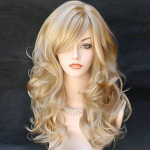 lot 12272 image: RightOn 22 Inches Blonde Mix Brown Wig Long Curly Mix Blonde Wig with Bangs Long Wavy Wig for Halloween Cosplay Costume Party