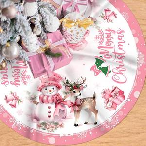 lot 12279 image: Pink Christmas Tree Skirt Merry Christmas Decoration Snowman Decoration 48 Inch Tree Skirt for Festival Party Decor Indoor Outdoor