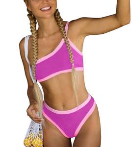 lot 12281 image: Women��s Ribbed Bikini Sets One Shoulder Top Two Piece Swimsuits Mid Rise Color Block Bathing Suit