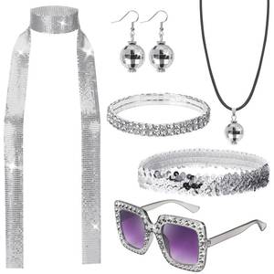 lot 12287 image: ERDOGLY 6 Pcs 70s Women Disco Accessories, Disco Costume Set with Jewelry Sequin Scarf, Headband, Diamond Bracelet, Silver Ball Necklace Earring, Sunglasses for Halloween Cosplay