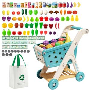 lot 13368 image: Jovow 102pcs Kids Shopping Cart Trolley Play Set with Pretend Food and Accessories,Perfect for Ages 3 Pretend Play and Role-Playing Games