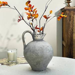 lot 13372 image: TDIAVH Rustic Ceramic Vase with Handle, 8.86 Inch White Grey Handmade Farmhouse Vase Home Decor, Textured Pottery Flower Vases for Living Room, Bedroom, Office, Farmhouse Centerpiece