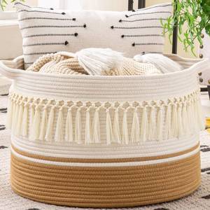 lot 13387 image: KAKAMAY Large Blanket Basket (20x13),Woven Baskets for storage Baby Laundry Hamper, Cotton Rope Blanket Basket for Living Room, Laundry, Nursery, Pillows, Baby Toy chest (White Fringe)