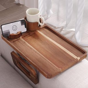 lot 13390 image: Danfoxer 3 in 1 Acacia Wood Couch Arm Tray,Couch Tray with Cup Holder and Phone Holder,Folding Sofa Armrest Trays Clip-On Sofas Desk for Drinks,Snacks,Phone,Remote Control