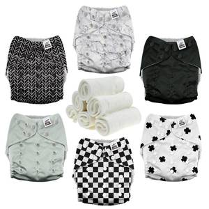 lot 13396 image: Mama Koala 3.0 Pocket Cloth Diapers for Babies with AWJ Lining, 6 Pack with 6 4-Layer Natural Cloth Diaper Inserts - Reusable and Washable Pocket Diapers (Black and White)