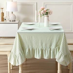 lot 13404 image: K MASANIJI Pile Green White Plaid Ruffled Table Cloth Rectangular for Seat 8-10, 100% Washed Cotton Buffet Cottage Coquette Checker Gingham Vintage Decorative Tablecloth - 120x60