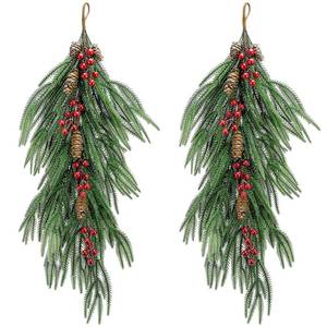 lot 13424 image: 2 Pcs Artificial Christmas Teardrop Swag with Berries and Pinecones, Faux Berry Pine Branch Teardrop Door Swag, Real Touch Norfolk Wreath Greenery Staircase Swags for Xmas Door Mantle Fireplace Decor