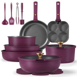 lot 13425 image: CAROTE 21pcs Pots and Pans Set, Nonstick Cookware Set Detachable Handle, Induction Kitchen Cookware Sets Non Stick with Removable Handle, RV Cookware Set, Gold and Purple