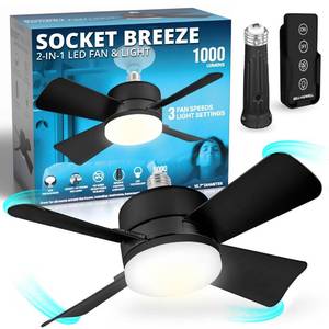 lot 13428 image: BellHowell Socket Breeze Socket Fan Light with Remote, Portable Small Ceiling Fans with Lights for Bedroom, Kitchen, Living Room, Ceiling Fan with Light 3500K, 1000 Lumens, Screws into E26E27