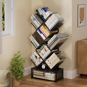 lot 13429 image: Onadak Metal 6 Tier Bookshelf, No Assembly Needed Foldable Bookcase with Storage Cabinet, Sturdy Standing Shelf for Bedroom Office Corner, Black��