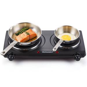 lot 13430 image: Elite Gourmet EDB-302BF# Countertop Double Cast Iron Burner, 1500 Watts Electric Hot Plate, Temperature Controls, Power Indicator Lights, Easy to Clean, Black