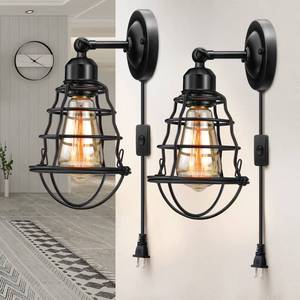 lot 14251 image: LYOOWNG Plug in Wall Sconces 2pack, Industrial Wall Lamp with Plug in Cord, Farmhouse Wall Sconces, Wire Cage Wall Sconce, Vintage Wall Mounted Lamp, Plug in WallLighting Sconce, Black