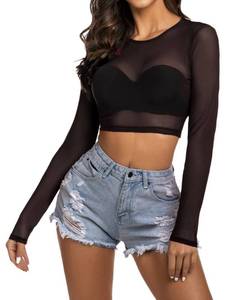 lot 14268 image: Avidlove Mesh Crop Top Long Sleeve Sheer Tops for Women Y2k See Through Shirt Black S