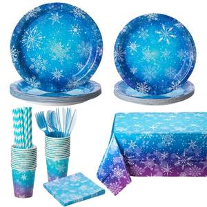 lot 14287 image: Winter Snowflake Paper Plates and Napkins Set with Cups Tablecloth Banner, 194Pcs Winter Wonderland Decorations Christmas Disposable Tableware for Holiday New Year Birthday Party Supplies, Serve 24