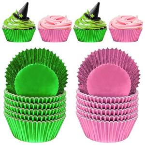 lot 14290 image: Vesici 200 Counts Green Pink Foil Cupcake Liners Bulk Witch and Princess Theme Baking Cups Wrappers Pink and Green Party Supplies Cake Decorations for Princess and Witch Hat Movie Fan Party Supplies