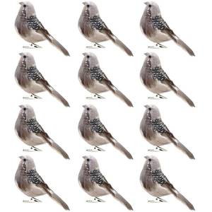 lot 16095 image: 12pcs Artificial Birds Realistic Feathered Sparrow Fake Bird with Clip for Christmas Tree Decoration Bird Lover Gifts Winter Party Wreath Craft (Gray)