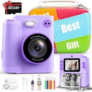lot 16103 image: Kids Camera Gift for Girls Selfie Digital Instant Print Cameras HD Toys for Kids Teen Girls Boys Ages 3 4 5 6 7 8 9 10 12 Birthday Christmas Valentines Easter Gifts with 32G SD Card Purple