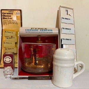 lot 103 image: Vintage Pyrex Cheese Server w Maple Slicing Board, Markers, Buttons and Shaker