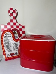 lot 107 image: Vintage Swedish Enameled Aluminum Storage, RedWhite Cutting Board, Mitts w Recipes