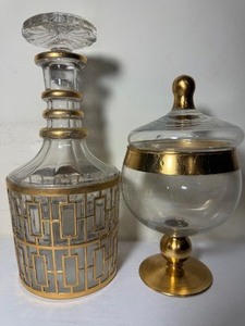 lot 114 image: Vintage Decanter and Jar w Gold Toned Accents