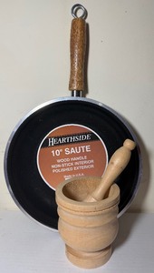 lot 115 image: Wood Handled 10 Pan, Mortar and Pestle