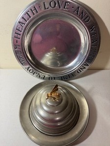 lot 137 image: Vintage Pewter Beehive Butter Dish w Bumblebee Finial and Wilton Armetale Pewter Plate