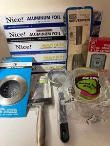 lot 151 image: New Kitchen Items, Foil (5 New Boxes), Sink Strainer, Knife, Servespoon, Bottle Opener and Small Loaf Pans