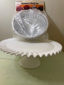 lot 162 image: Milk Glass Pedestal Cake Plate and Aluminum Bundt Pan