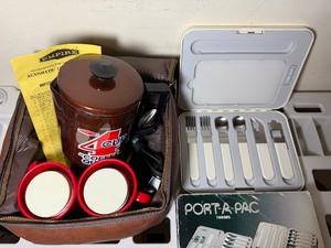 lot 175 image: Vintage Coffee Maker and Port-A-Pac Travel Utensils