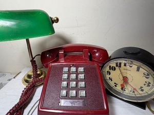 lot 196 image: Small Desk Lamp, Vintage Phone and Alarm Clock