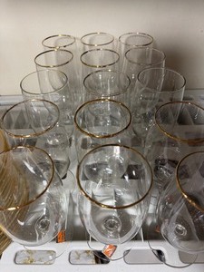 lot 200 image: Hand Blown Stemware Glasses and Gold-Trimmed Plates