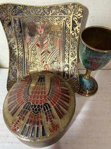 lot 217 image: Vintage Brass and Enamel Joker Plate, Bird Trinket Box and Stemmed Glass