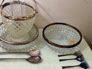 lot 337 image: Crystal Relish Tray, Salad Bowl and Ice Bucket w Silver Plate Trim, Each has Utensils