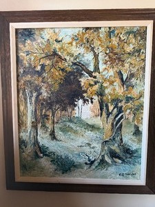 lot 370 image: Vintage Oil Painting Forest Scene, 1972, Signed by E.J. Schisler in Wood Frame, Approx 22 x 26 in Frame