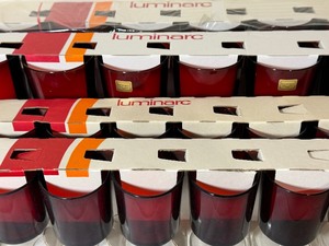 lot 377 image: Vintage Luminarc Red Glasses in Original Packaging, 2 Sizes - 12 of Each
