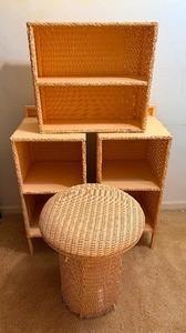 lot 100 image: Vintage Wicker and Wood End Tables, Stool and Shelf, Please See Pictures and Read Description for Measurements