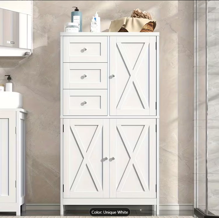 lot 211150 image: Retails for $105 Bathroom Storage Cabinet Living Room Decor And Accessories Bathroom Storage Cabinet with 3 Drawers Barn Doors Freestanding Kitchen Pantry Cabinet with Adjustable Shelves