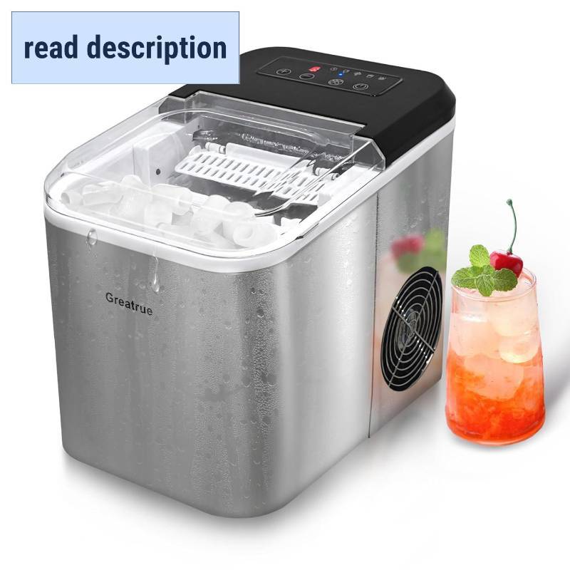 lot 451765 image: Countertop Ice Maker, 9 Ice Cubes in 6 Mins, 33 Lbs24 Hrs, 2 Ice Cube Sizes, Self-Cleaning, Quiet Operation, Compact Design for HomeOfficeKitchenCamping (Stainless Steel)