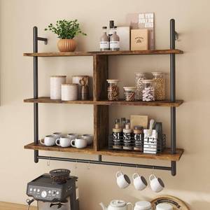 lot 141857 image: Bestier Floating Pipe Shelving Kitchen Shelves Wall Mounted 3 Tier 41.5 Ladder Coffee Bar Shelf Hanging with Circular Tube, Display Bookshelf Storage for Living Room Kitchen, Rustic Brown