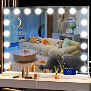 lot 141859 image: Vanity Mirror with Lights, 32 x 24 Tabletop Hollyhood Makeup Mirror, Hollywood Lighted Mirror with 18 Dimmable LED Bulbs,3 Colors Modes,Touch Control,Metal Frame,