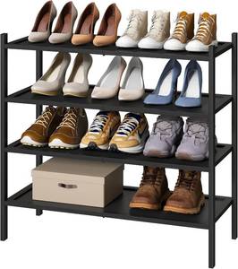 lot 141866 image: Shoe Rack for Entryway, Black Bamboo Shoe Rack 4-Tier, Stackable Shoe Organizer for Hallway Closet, Free Standing Shoe Racks for Indoor Outdoor