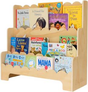 lot 141870 image: CAALMA Premium Scalloped Bookshelf for Nursery & Kids Bedroom - 29.5x27.5 in - 3-Tier Wooden Montessori Bookshelf - Kids Bookcase for Nursery, Playroom or Classroom, Minimalist Toddler Book Shelf