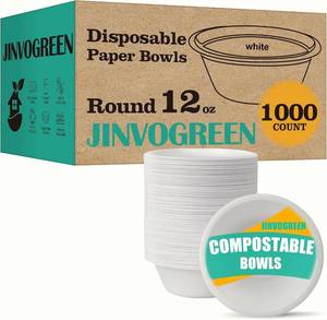 lot 141879 image: 1000 Count 12 oz Paper Bowls, Disposable Compostable Bowls Bulk, Heavy Duty Biodegradable Bagasse Bowl for Snacks, Soup, and Salads, White