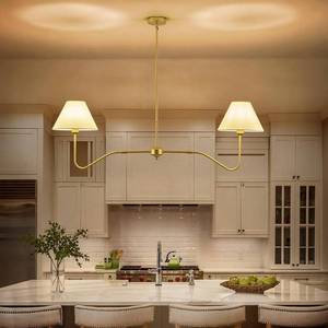 lot 141881 image: Retails for $130 2-Light Gold Modern Linear Chandelier, 55 Inch Farmhouse Kitchen Island Lighting with White Fabric Shades, Dining Room Light Fixtures for Living Room Bedroom, Height Adjustable