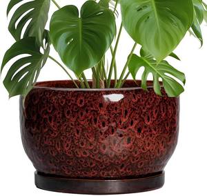 lot 141888 image: SQOWL Ceramic Flower Pots - 10 Inch Plant Pot Indoor, Ceramic Planter with Drainage Hole and Saucer, Round Decorative Large Planter Outdoor, Home Decor Living Room, Gifts for Plant Lovers, Red