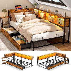 lot 241788 image: Retails for $230 Betterhood Corner Bed Frame with Storage Bookcase, Twin Daybed with 2 Drawers & Charging Station, Twin Size Platform Beds with LED Light, Teen Corner Bed for Living Room, Bedroom and Guest Room