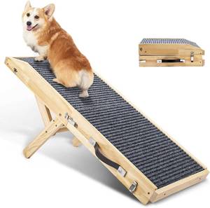 lot 241789 image: Wooden Dog Ramp for Couch High Bed, Non Slip Pet Ramps for Small Dogs and Cat with 5 Adjustable Height from 10.6 to 22, Portable 36.3 Long Foldable Ramp for Dogs to Get on Bed Car, Natural