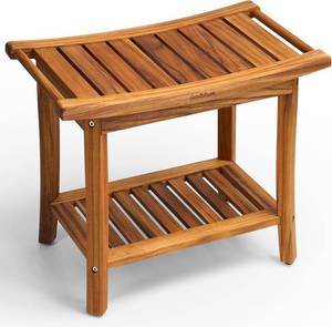lot 241793 image: Retails for $130 GREENTEAK Shower Bench, Waterproof Teak Shower Stool, Wooden Stool for Bathroom, Teak Wood Shower Seat Chair for Shower Storage Shelf, 300 Lbs Capacity, Provides Safety (22 2-Tier)