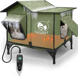 lot 241798 image: GOLOPET Large Heated Cat House for Outside 21x17x17 in with Time Temperature Intelligent Controller,Inner Insulation Layer and 100% Waterproof,Built in MET and UL Dual Certified Heater