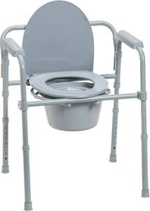 lot 241823 image: Drive Medical 11148-1 Folding Steel Bedside Commode Chair, Portable Toilet, Supports Individuals Weighing Up To 350 Lbs, with 7.5 Qt. Bucket and 13.5 Inch Seat, Grey